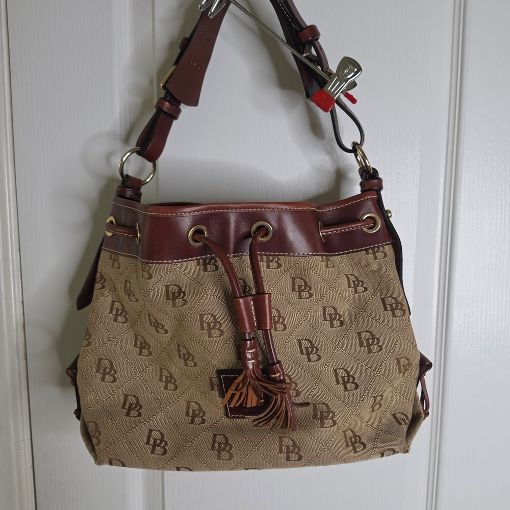 Dooney & Bourke Signature Monogram Canvas Drawstring Hobo Bag Tan Brown